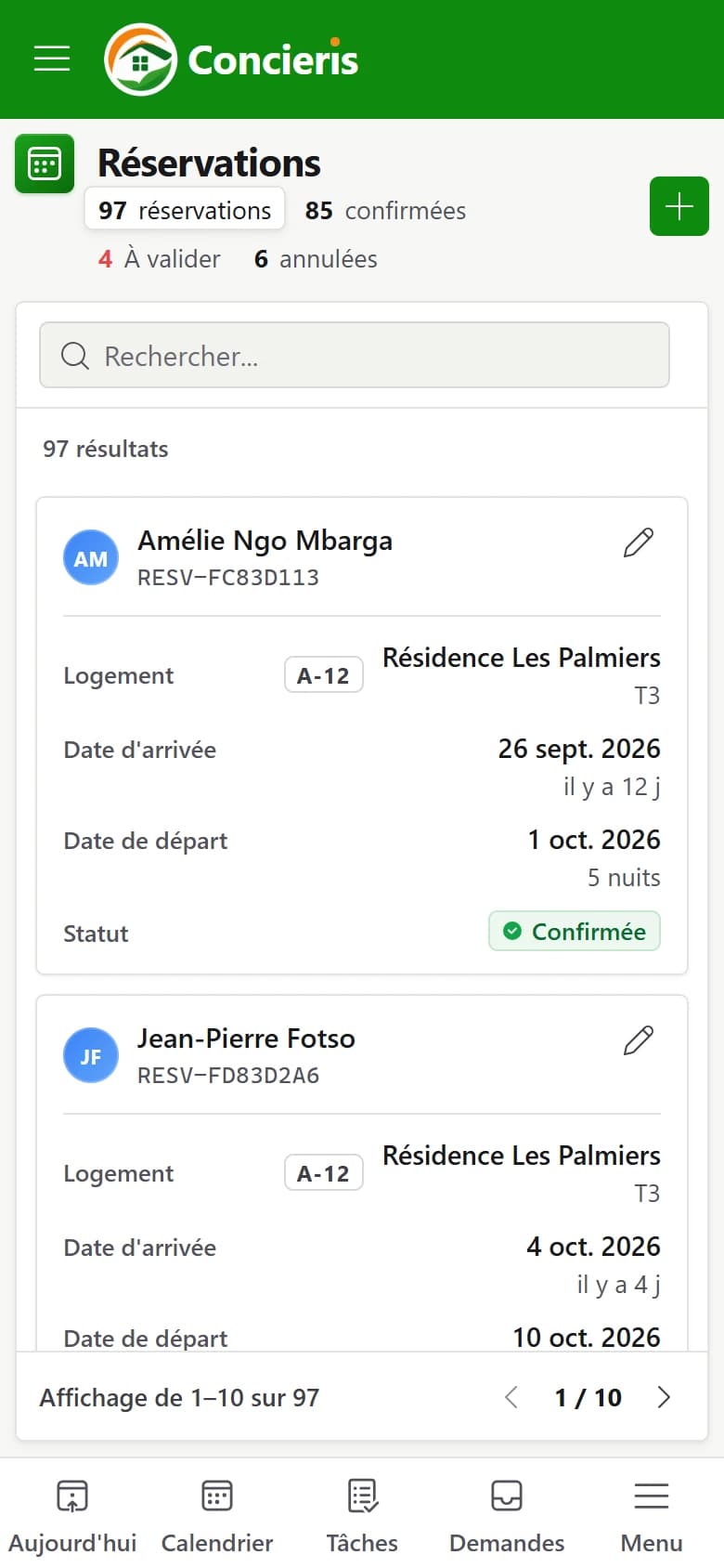 Aperçu de la page Réservations