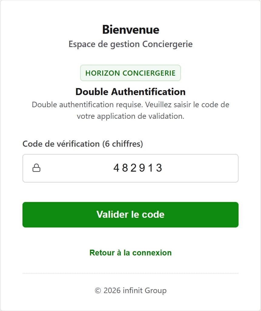 Écran de connexion de Concieris : saisie du code de double authentification