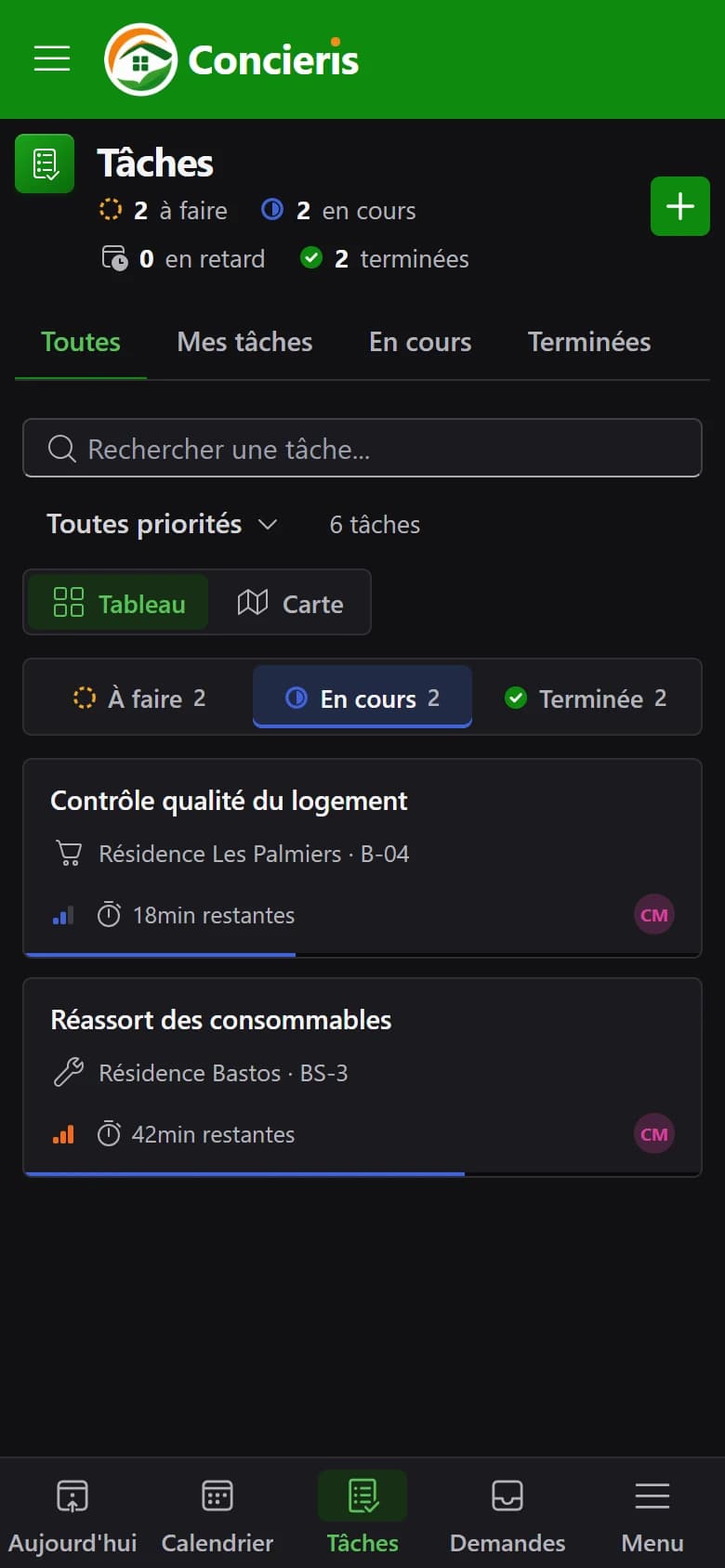 Aperçu de la page Tâches